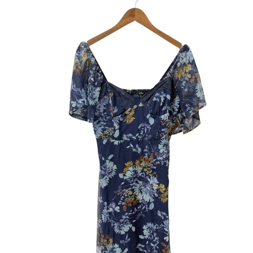 Lulus Valla Navy Blue Floral Flutter Sleeve Midi Dress size Large NWT - Picture 5 of 6